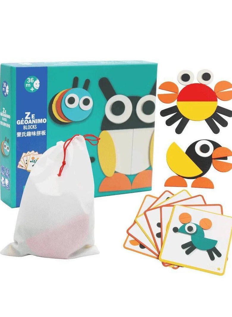 Junimo Imported – Shape and Animal Puzzle Enjoy creating unique shapes and animals like penguins, butterflies, and birds using brightly colored pieces, along with 20 cards featuring different shapes. This game is perfect for developing children's thinking and concentration skills, offering them a fun and educational learning experience! - Image 1