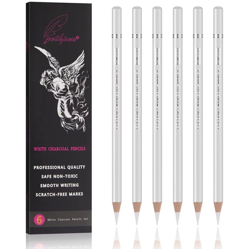 GETHPEN Professional White Charcoal Pencils Set - 6 Pieces Sketch Highlight White Pencils for Drawing, Sketching, Shading, Blending - Beginners & Artists - Image 1