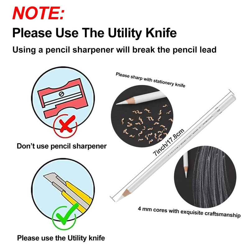 GETHPEN Professional White Charcoal Pencils Set - 6 Pieces Sketch Highlight White Pencils for Drawing, Sketching, Shading, Blending - Beginners & Artists - Image 3