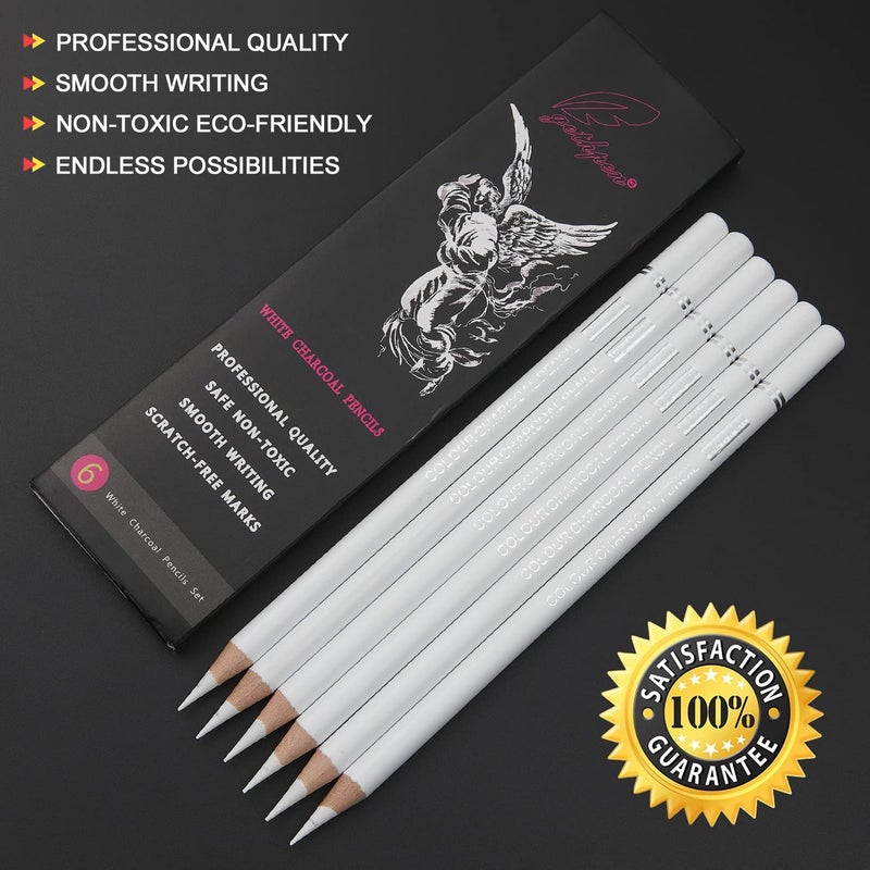 GETHPEN Professional White Charcoal Pencils Set - 6 Pieces Sketch Highlight White Pencils for Drawing, Sketching, Shading, Blending - Beginners & Artists - Image 2