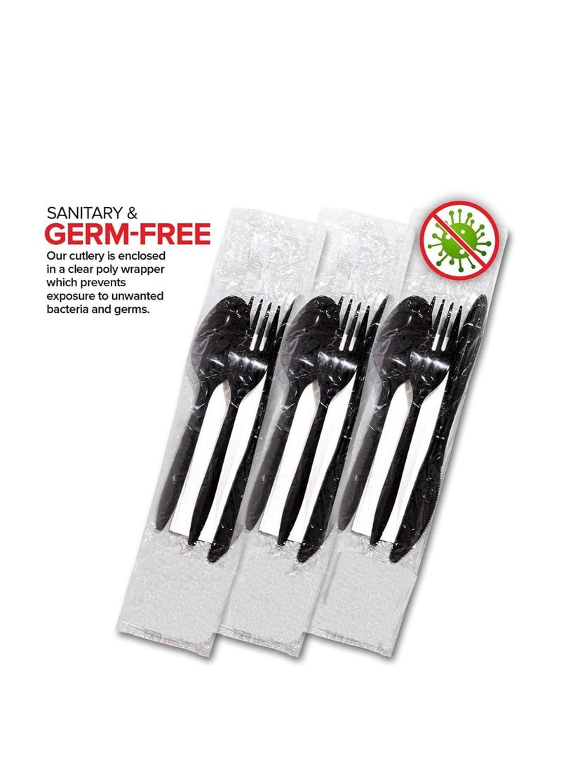 MARKQ [50 Pack] Black Plastic Cutlery Set with Napkin Knife Fork Spoon Napkin Set Disposable Cutlery Set  - Image 3