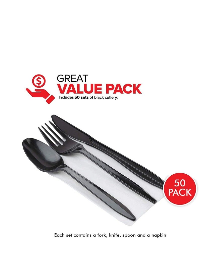 MARKQ [50 Pack] Black Plastic Cutlery Set with Napkin Knife Fork Spoon Napkin Set Disposable Cutlery Set  - Image 2
