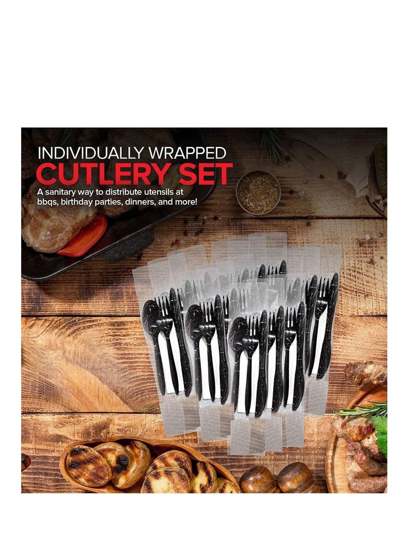 MARKQ [50 Pack] Black Plastic Cutlery Set with Napkin Knife Fork Spoon Napkin Set Disposable Cutlery Set  - Image 4