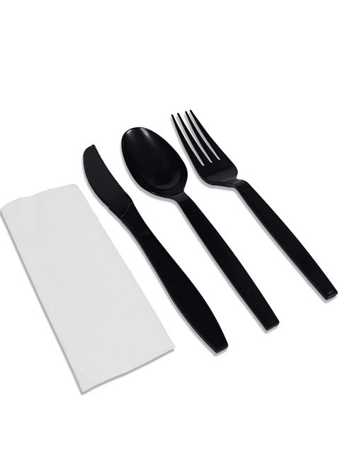 [50 Pack] Black Plastic Cutlery Set with Napkin Knife Fork Spoon Napkin Set Disposable Cutlery Set