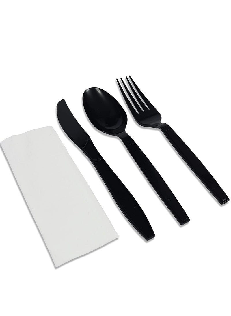 MARKQ [50 Pack] Black Plastic Cutlery Set with Napkin Knife Fork Spoon Napkin Set Disposable Cutlery Set  - Image 1