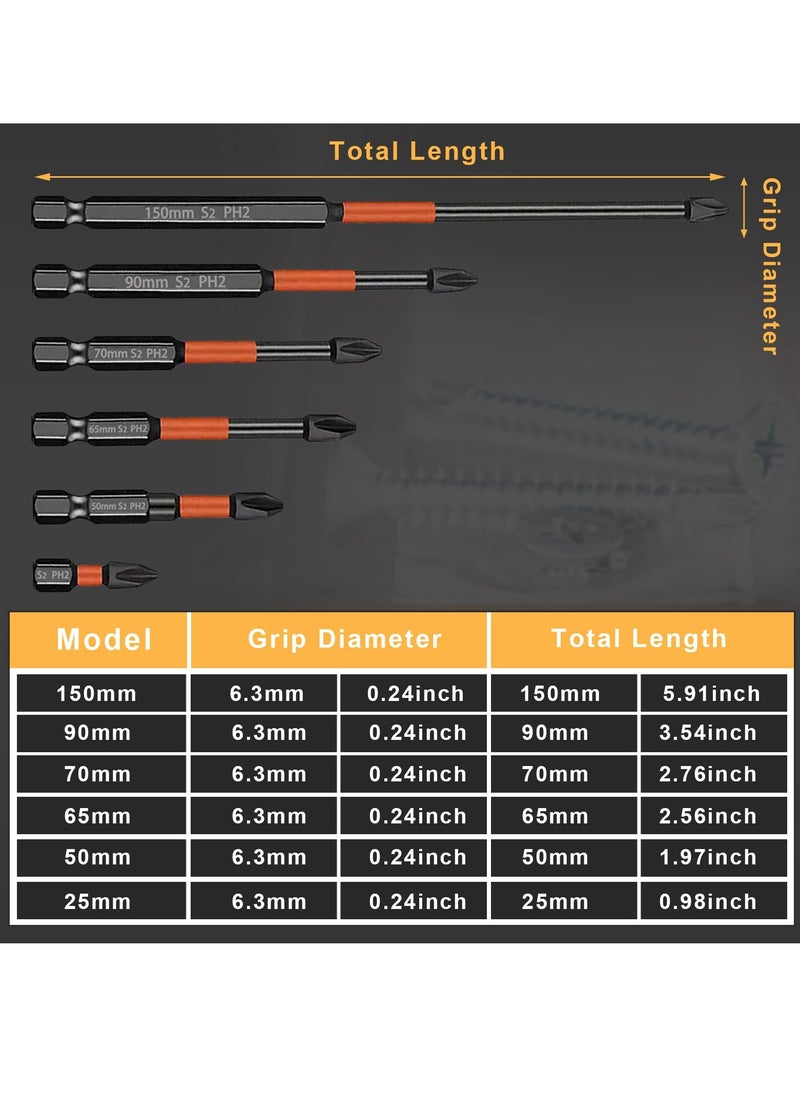 SYOSI - Screwdriver Bit 6Pcs Magnetic Screwdriver Driver Bits Set 25-150mm Long Impact Phillips Screwdriver Bit Non-Slip Drill Head Bits Screw Extractor Cross Slot Screwdriver for Power Screwdriver Black - Image 1