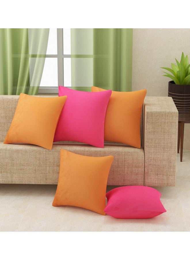 Stuffique Stuffique Velvet Solid Plain Cushion Cover 16 inch x 16 inch Set of 5 (3 Orange and 2 Pink) - Image 1