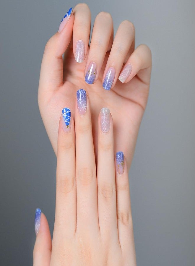 Tyemp Snowflake Winter Glitter Gel Nail Stickers - Semi Cured Xmas Tree Designs, Long Lasting UV Nail Wraps (Blue, 20Pcs) - UV Light Required - Image 3