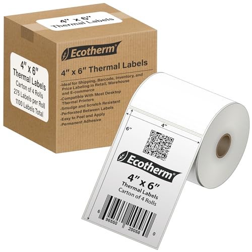 Ecotherm 4" x 6" Thermal Labels | 4 Rolls | 1100 Labels | fits Zebra, Munbyn, Rollo, Godex, Arkscan, iDPRT, Offnova Thermal Label Printers and More | Blank White Adhesive Stickers by Ecotherm - Image 1