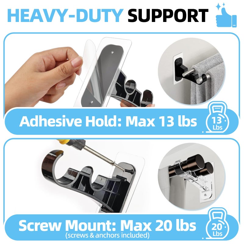 Antimbee 6 Pack No Drill Double Curtain Rod Bracket, Adhesive No Drilling Curtain Rod Holders, Damage-Free Stick Curtains Rods Hooks, Double Brackets Curtain Hangers for Wall(Black) - Image 4