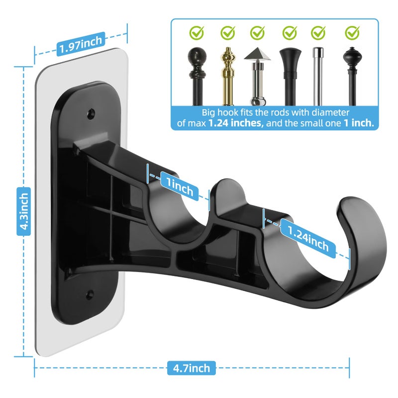 Antimbee 6 Pack No Drill Double Curtain Rod Bracket, Adhesive No Drilling Curtain Rod Holders, Damage-Free Stick Curtains Rods Hooks, Double Brackets Curtain Hangers for Wall(Black) - Image 5