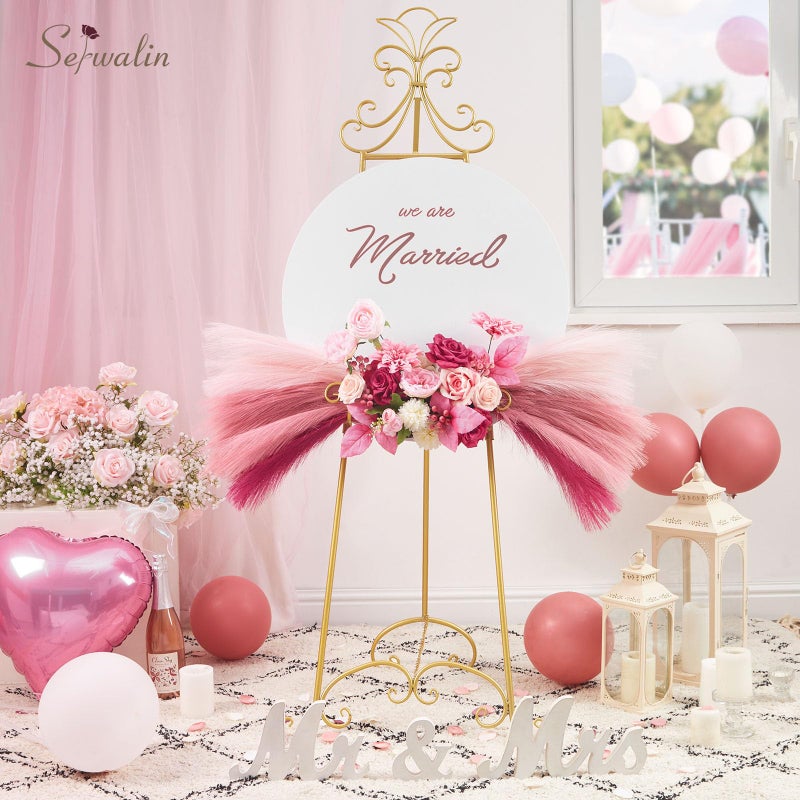 Serwalin Hot Pink & Blush & Pink Pampas Grass Decor, 17.7 Inch 6pcs Faux Pampas, Artificial Pampas Grass for Wedding Table Centerpieces Decoration - Image 2