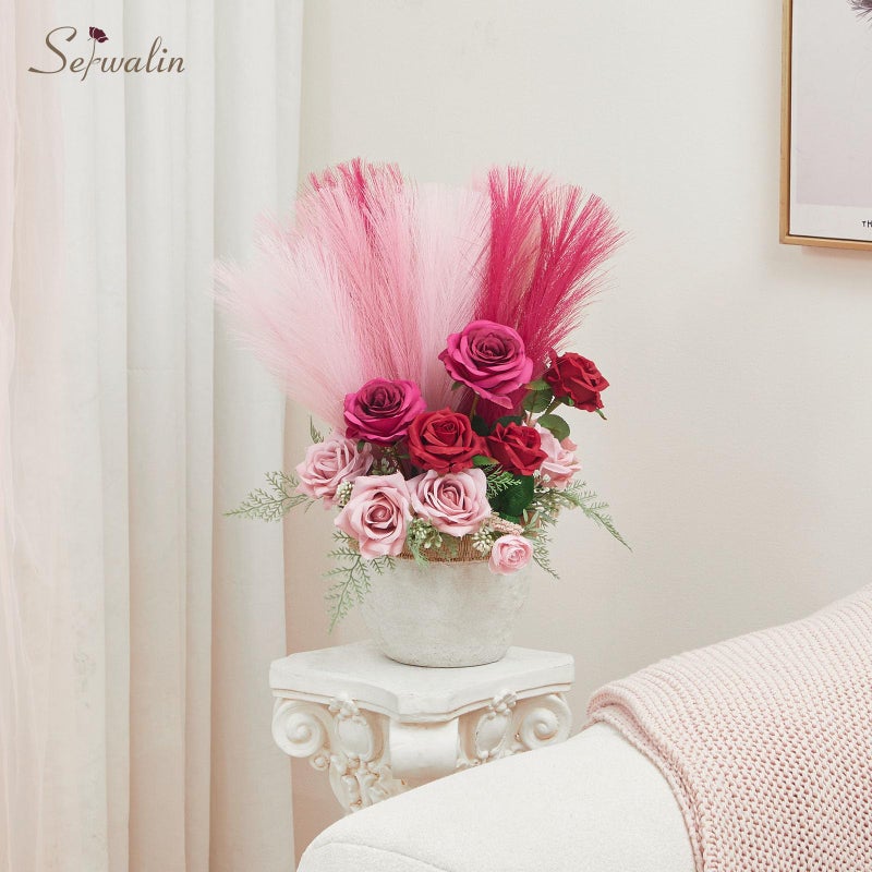 Serwalin Hot Pink & Blush & Pink Pampas Grass Decor, 17.7 Inch 6pcs Faux Pampas, Artificial Pampas Grass for Wedding Table Centerpieces Decoration - Image 5