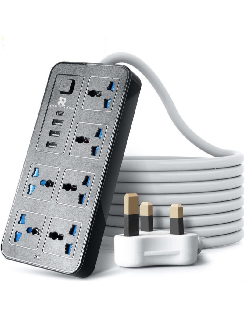 Captaintech Extension Lead with Multiple Function UK Plug 3 Pin Socket Outlet with 6 Gang 3 USB Port 1 Type-C Port 1.8M Electric Socket Mains Strip for Home Kitchen and Office - Image 1