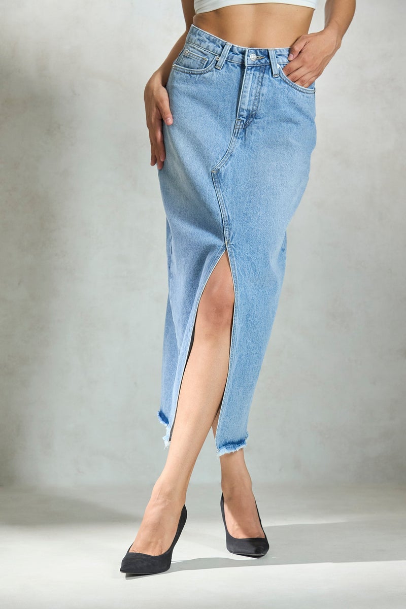 Virgio Denim Cotton Denim Frayed Midi Skirt for Women - Image 2