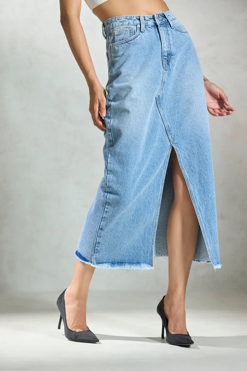 Virgio Powder Blue Denim Cotton Denim Frayed Midi Skirt for Women for Women | Best Price UAE