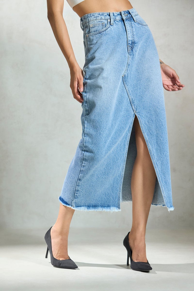Virgio Denim Cotton Denim Frayed Midi Skirt for Women - Image 3