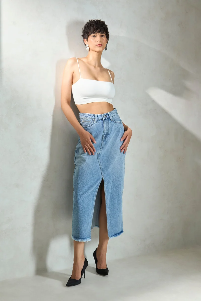 فيرجيو Denim Cotton Denim Frayed Midi Skirt for Women