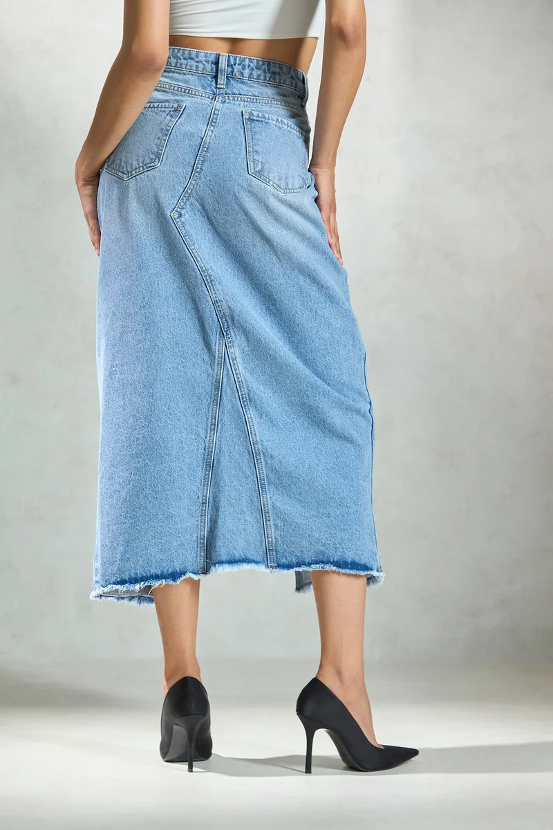 Virgio Powder Blue Denim Cotton Denim Frayed Midi Skirt for Women for Women | Best Price UAE