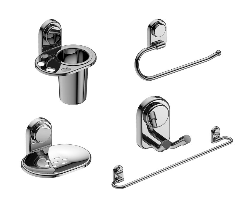 Amity Cute Bathroom Accessories Set (Pack of 5, Robe Hook, Soap Dish, Tumbler Holder, Napkin Ring, Towel Rod), Wall Mounted, 304 Grade Stainless Steel with Chrome Finish - Image 1