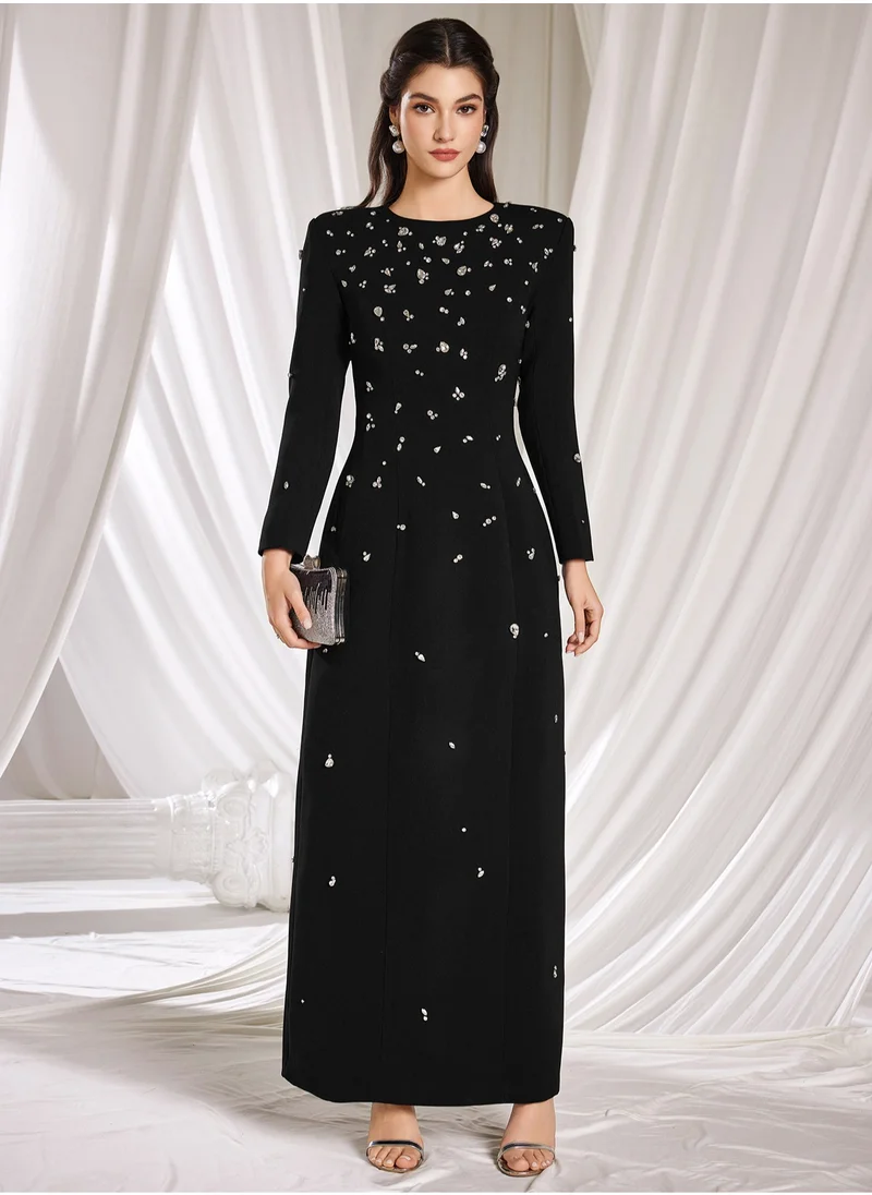 Madam Uniq Elegant Long Sleeve Dress with Beaded and Rhinestone Embellishments