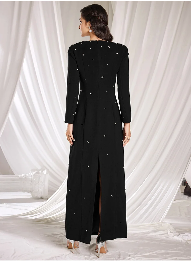 Madam Uniq Elegant Long Sleeve Dress with Beaded and Rhinestone Embellishments