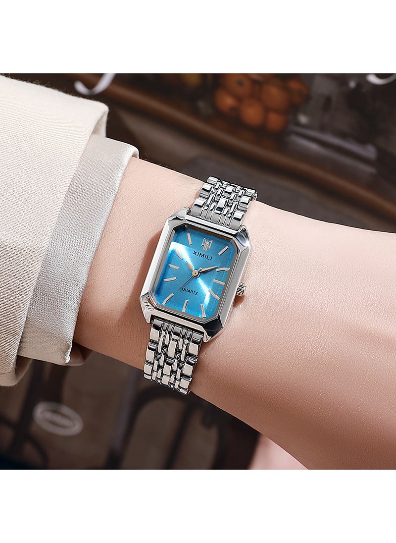 Generic - Trendy Ladies Square Watch Simple Quartz Fashion Silver Blue face - Image 1