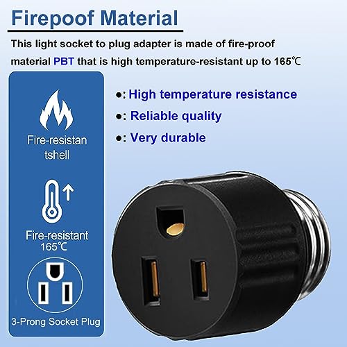 PaeorRorL Light Socket to Plug Adapter, Convert Light Bulb Socket to Outlet Adapter,2/3 Prong E26 Base Screw in Outlet Socket for Camera Garage Porch,3 Pack (2 Black 1 White) - Image 5