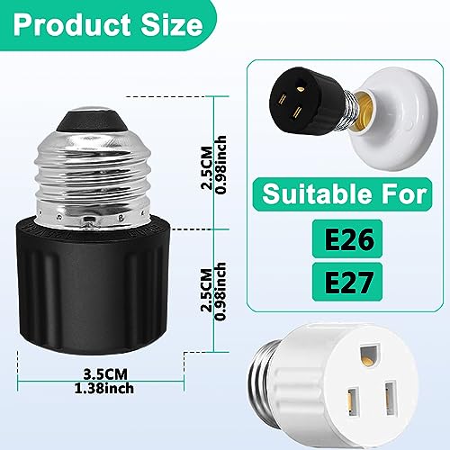 PaeorRorL Light Socket to Plug Adapter, Convert Light Bulb Socket to Outlet Adapter,2/3 Prong E26 Base Screw in Outlet Socket for Camera Garage Porch,3 Pack (2 Black 1 White) - Image 3