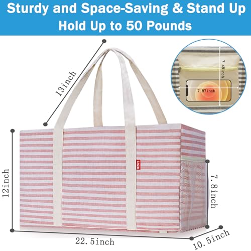 LHZK Standing Extra Large Utility Tote Bag with Metal Wire Frame and the Sides Rinforced, Extra Large Tote Bag with Handle, Reusable Grocery Bags Foldable, Beach Bag, Car Tote (Pink) - Image 4