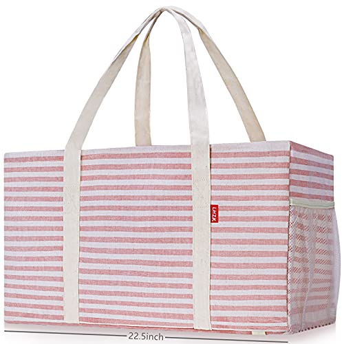 LHZK Standing Extra Large Utility Tote Bag with Metal Wire Frame and the Sides Rinforced, Extra Large Tote Bag with Handle, Reusable Grocery Bags Foldable, Beach Bag, Car Tote (Pink) - Image 1