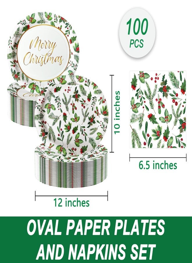 olentit 100Pcs Christmas Oval Paper Plates and Napkins Set -10" x 12" Large Disposable Party Plates for Christmas Party Dinner Tableware Decoration Supplies - Image 2