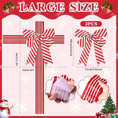 Lonfliness 2 Pcs Christmas Cabinet Door Ribbon Bow Large Christmas Wreath Bow Red and White Stripe Festival Wrapping Decorations Xmas Candy Cane Bows for Tree Fireplace Home Holiday Front Door Party Supplies - Image 3