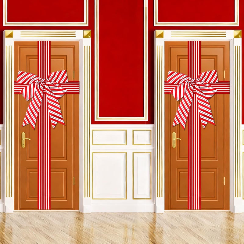 Lonfliness 2 Pcs Christmas Cabinet Door Ribbon Bow Large Christmas Wreath Bow Red and White Stripe Festival Wrapping Decorations Xmas Candy Cane Bows for Tree Fireplace Home Holiday Front Door Party Supplies - Image 2