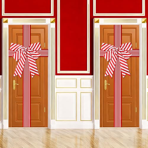 Lonfliness 2 Pcs Christmas Cabinet Door Ribbon Bow Large Christmas Wreath Bow Red and White Stripe Festival Wrapping Decorations Xmas Candy Cane Bows for Tree Fireplace Home Holiday Front Door Party Supplies - Image 1