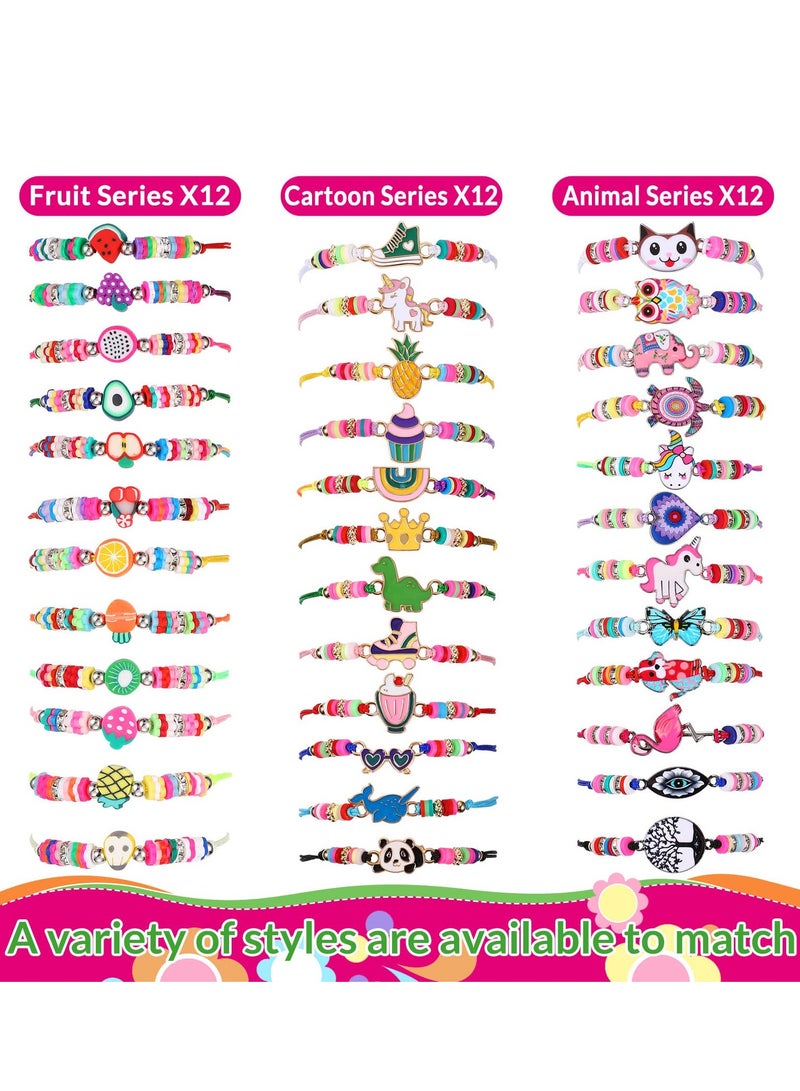 SYOSI 36 Pcs Girls Bracelets, Girl Woven Friendship Crystal Bead Bracelet, Animal Fruit Unicorn Bracelet Multicolor Adjustable Friendship Bracelets for Party Favors Play Bracelets - Image 4