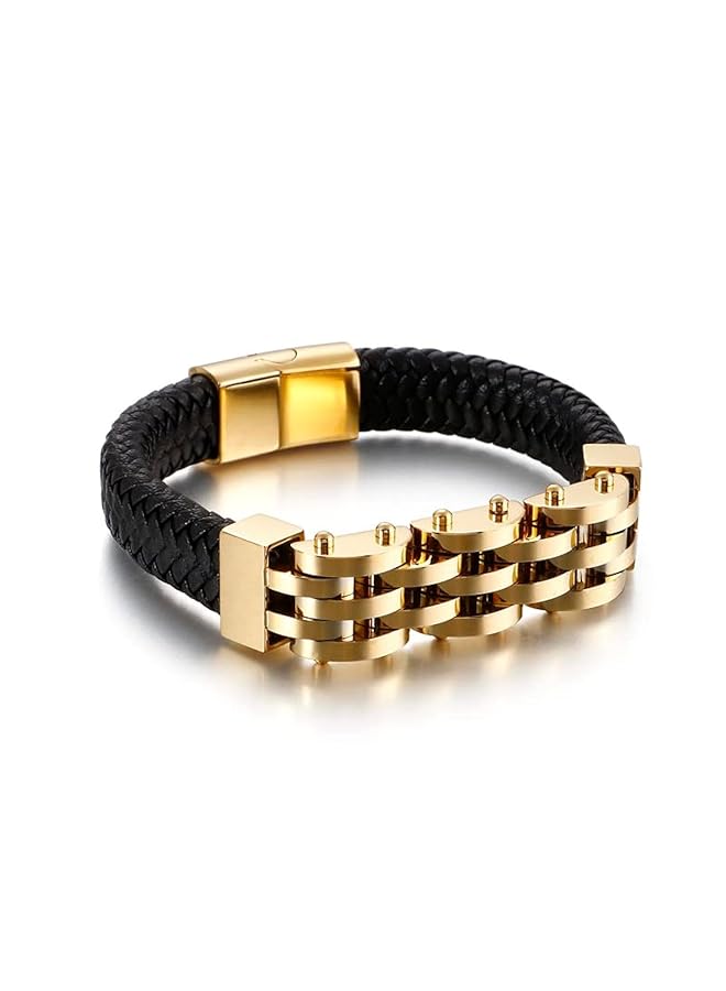 AC&L Metallic Steel Chain Link Bracelet With Woven Leather Band - Image 1