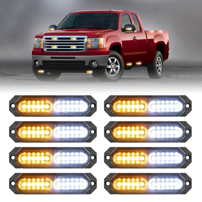 HLauto 1200T Emergency Strobe Grille Lights 8pcs 12 LED Sync Feature Safety Warning Flashing Lights Ultra Slim Surface Mount Hazard Caution Light for Trucks Vehicles Car ATV UTV Amber White - Image 2