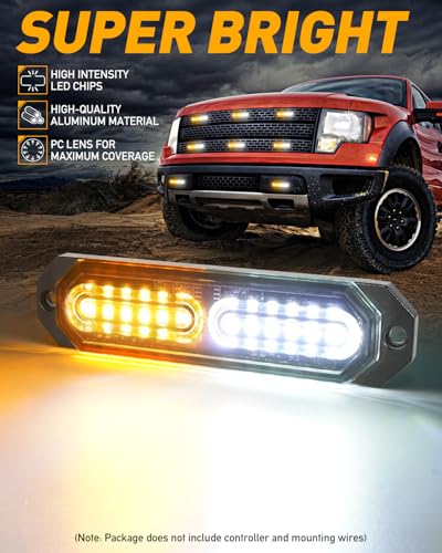 HLauto 1200T Emergency Strobe Grille Lights 8pcs 12 LED Sync Feature Safety Warning Flashing Lights Ultra Slim Surface Mount Hazard Caution Light for Trucks Vehicles Car ATV UTV Amber White - Image 3