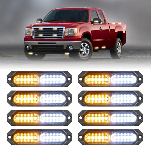 HLauto 1200T Emergency Strobe Grille Lights 8pcs 12 LED Sync Feature Safety Warning Flashing Lights Ultra Slim Surface Mount Hazard Caution Light for Trucks Vehicles Car ATV UTV Amber White - Image 1