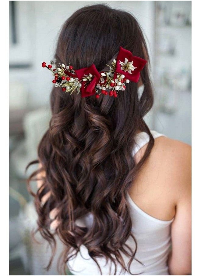Hair Flare Artificial Lily Flower With Stones Bridal Juda Pin/Juda Bun/Hair Pin/ Hair Clip/Hair Accessories For Women & Girls 2383 Red  - Image 3