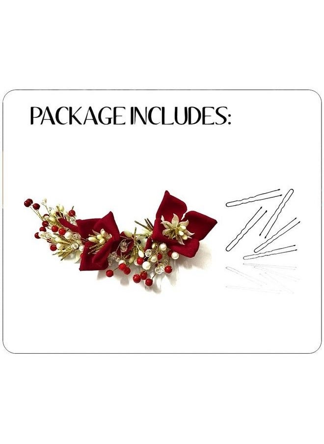 Hair Flare Artificial Lily Flower With Stones Bridal Juda Pin/Juda Bun/Hair Pin/ Hair Clip/Hair Accessories For Women & Girls 2383 Red  - Image 5