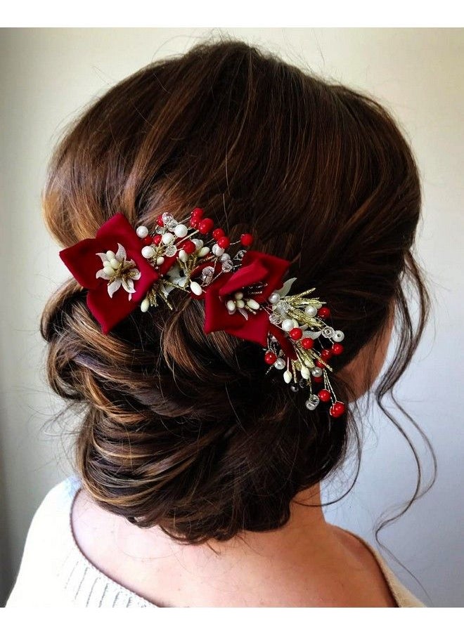 Hair Flare Artificial Lily Flower With Stones Bridal Juda Pin/Juda Bun/Hair Pin/ Hair Clip/Hair Accessories For Women & Girls 2383 Red  - Image 4