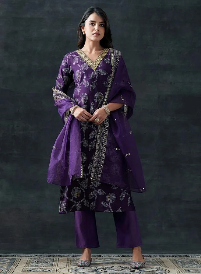 Libas Purple Embroidered Silk Blend Straight Kurta, Trousers And Dupatta Set