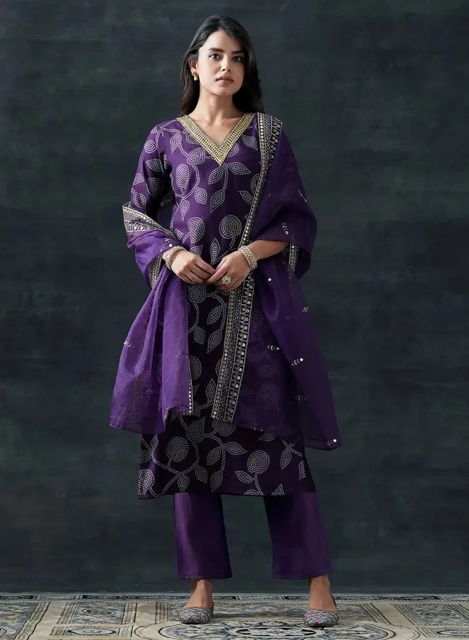 Libas Purple Embroidered Silk Blend Straight Kurta, Trousers And Dupatta Set