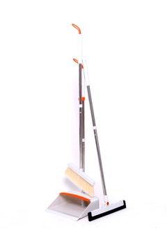 Visio VISIO Dustpan and Brush Sets Long Handled, Soft Bristles Broom and Dustpan with Wiper Set Indoor Outdoor, Household Upright Dust Pan Combo & Sweeping Brush for Lobby Kitchen Office, White and Orange  - Image 1