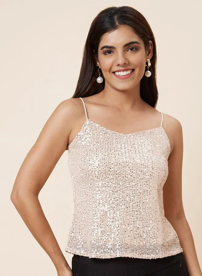 globus Women Cream Embellished Strappy Top