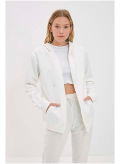 trendyol Ecru Hooded Oversize/Wide Zippered Hooded Thick Fleece Sweatshirt TWOAW21SW0840  - Image 4
