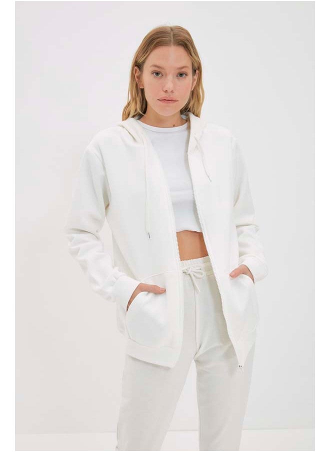 trendyol Ecru Hooded Oversize/Wide Zippered Hooded Thick Fleece Sweatshirt TWOAW21SW0840  - Image 4