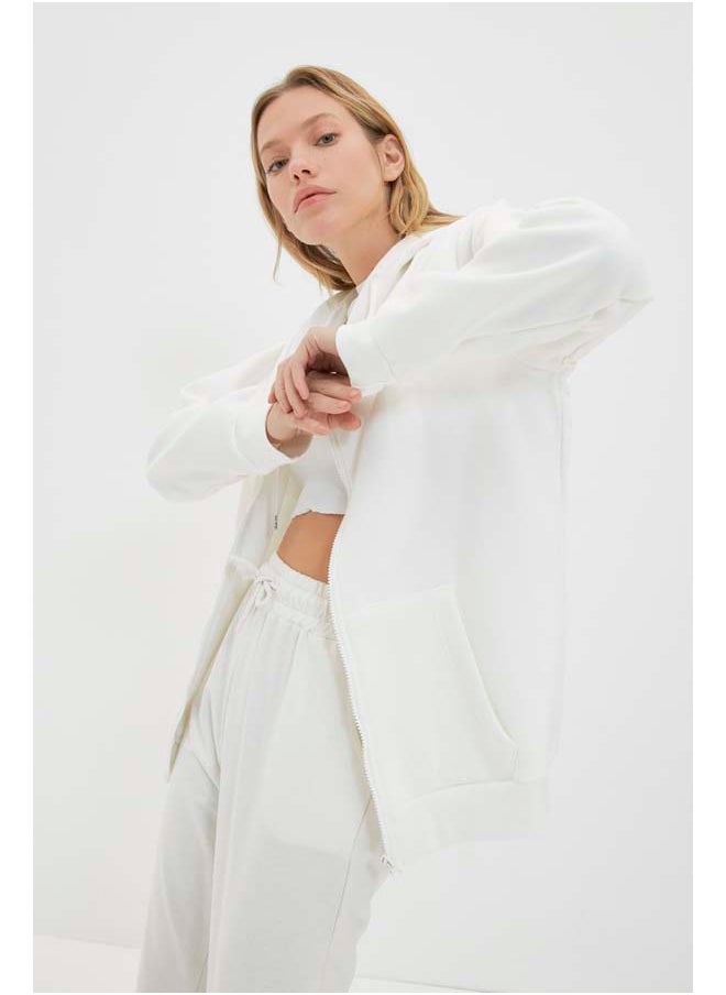 trendyol Ecru Hooded Oversize/Wide Zippered Hooded Thick Fleece Sweatshirt TWOAW21SW0840  - Image 1